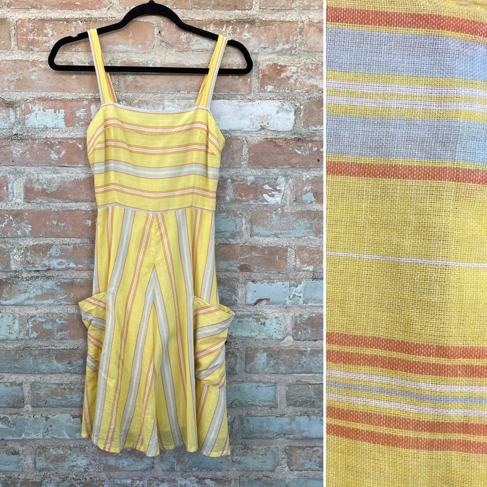 Susina Sun Dress Yellow Stripe Cotton Voile Patch Pocket Retro Sundress XS